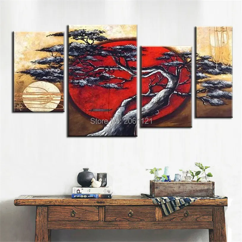 Дешевая картина расписанное вручную дерево пейзаж маслом Красное солнце и луна