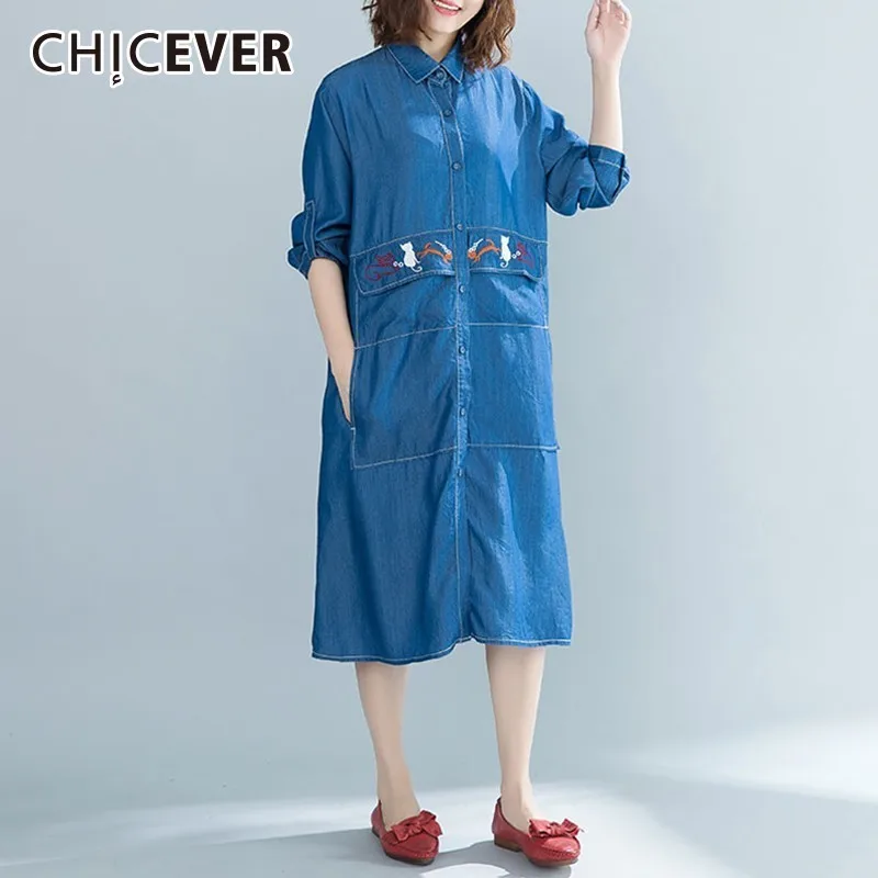 CHICEVER мультяшная вышивка женские платья для женщин с длинным рукавом свободное