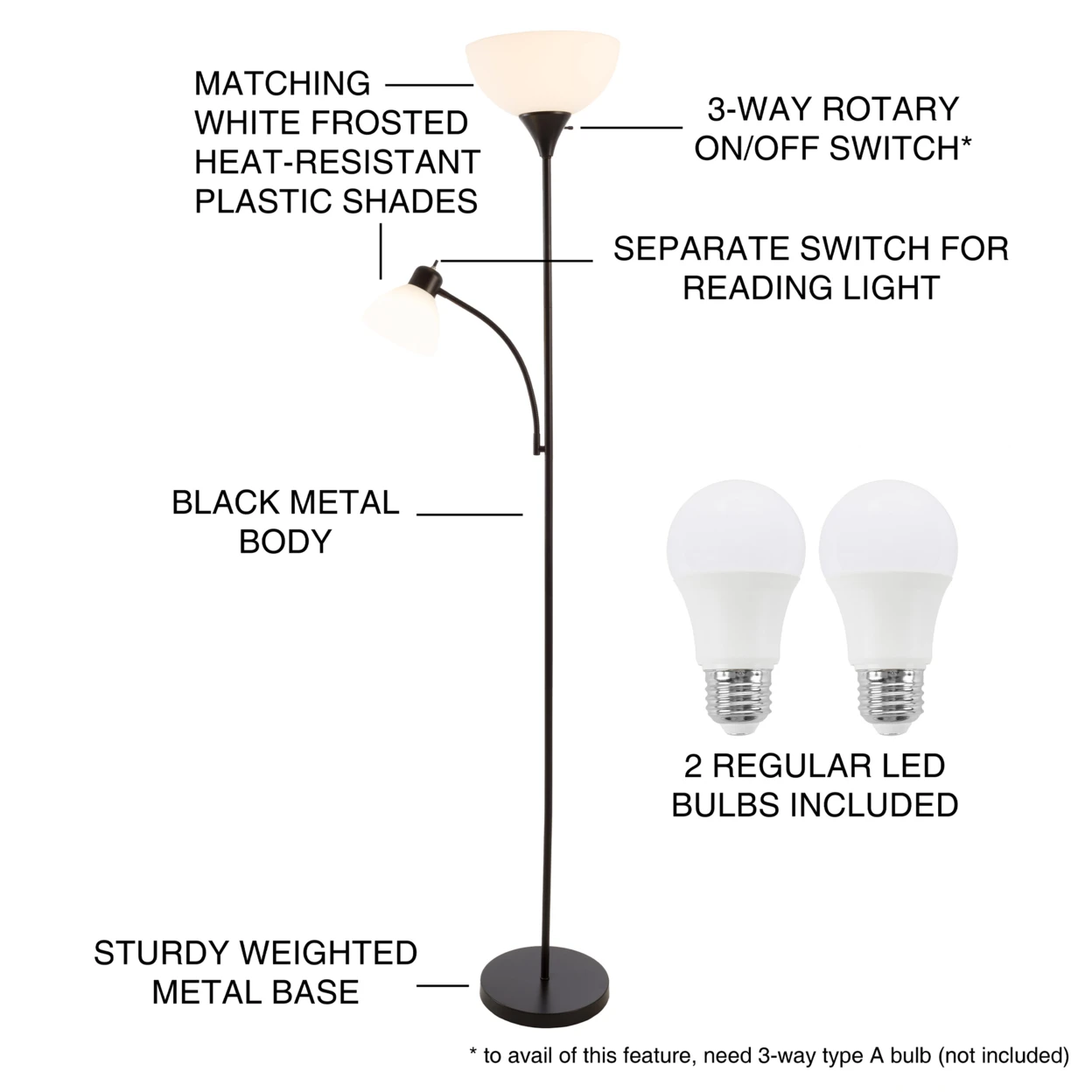 Black Metal Floor with Reading Lamp 77 Inch 2 LED Bulbs Heat Resistant Shades | Лампы и освещение