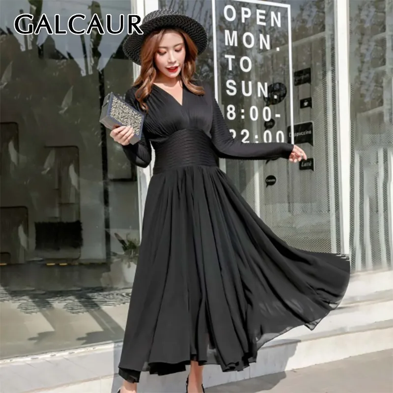 GALCAUR Casual Solid Women Dress V Neck Long Sleeve High Wasit Slim Ankle Length Pleated Dresses Female Fashion 2019 Spring New | Женская