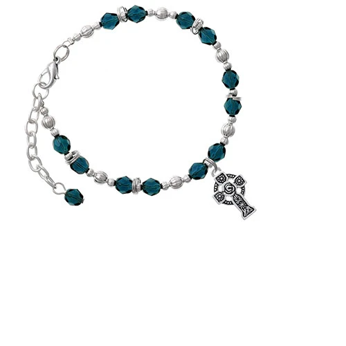 Silvertone Large Celtic Cross Navy Blue Beaded Bracelet |