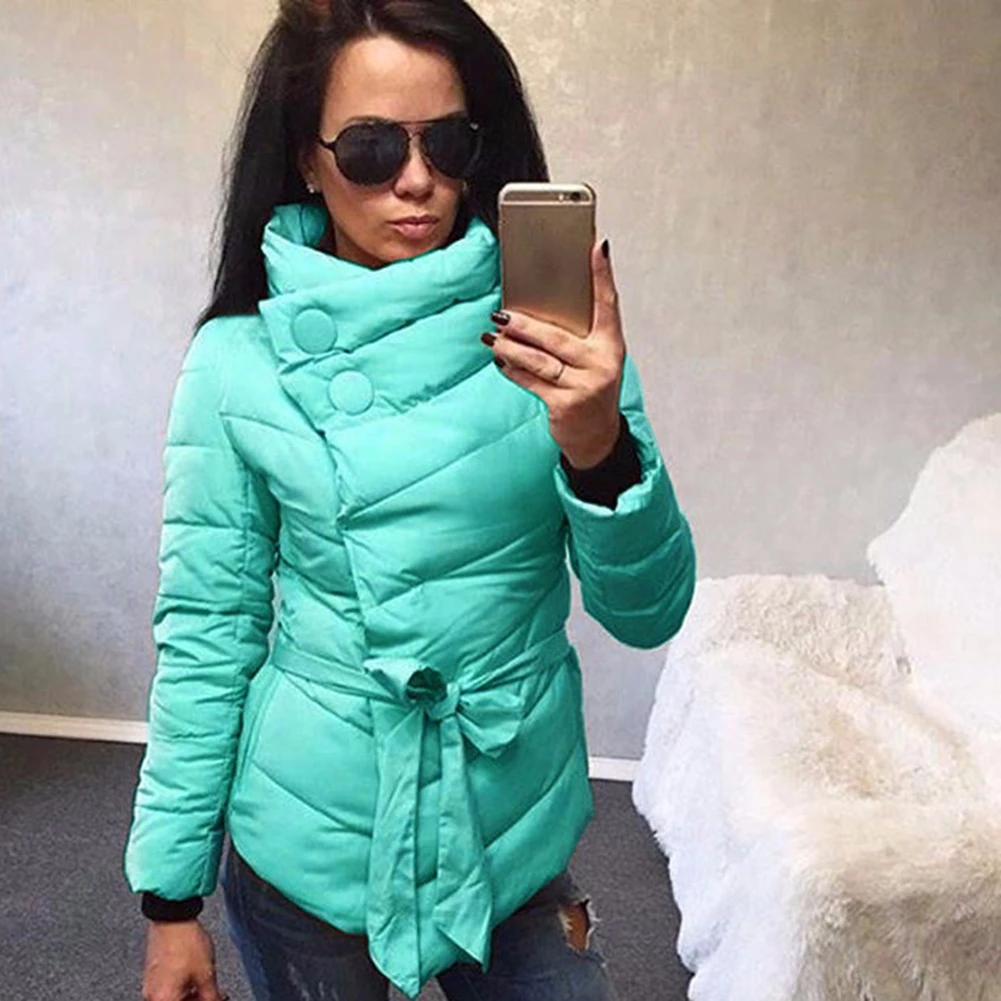 Пальто с высоким воротником и пуговицами Теплая стеганая куртка поясом зимняя