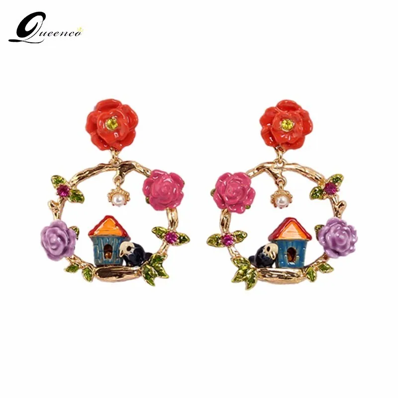 Женские серьги подвески с эмалью многоцветная гирлянда цветами и