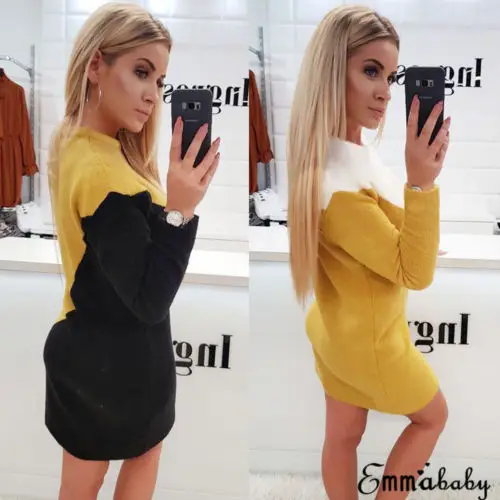 

US Women Spring Winter Long Sleeve Slim Bodycon Round Neck Knitted Dress