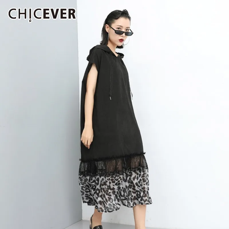 CHICEVER летнее платье с капюшоном из лоскутной сетки леопардовое коротким рукавом