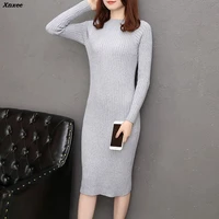 women autumn winter sweater knitted dresses slim elastic solid long sleeve sexy lady elegant bodycon robe dresses vestidos xnxee