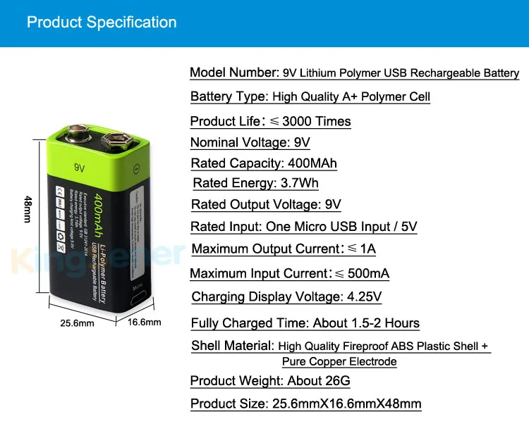 KingSener 9 в 400 мАч USB перезаряжаемая батарея 6F22 Lipo для раций термометрия пистолет