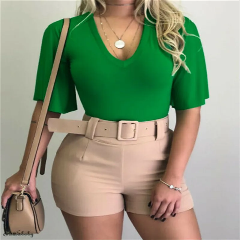 Женские повседневные топы с коротким рукавом и v образным вырезом однотонные из