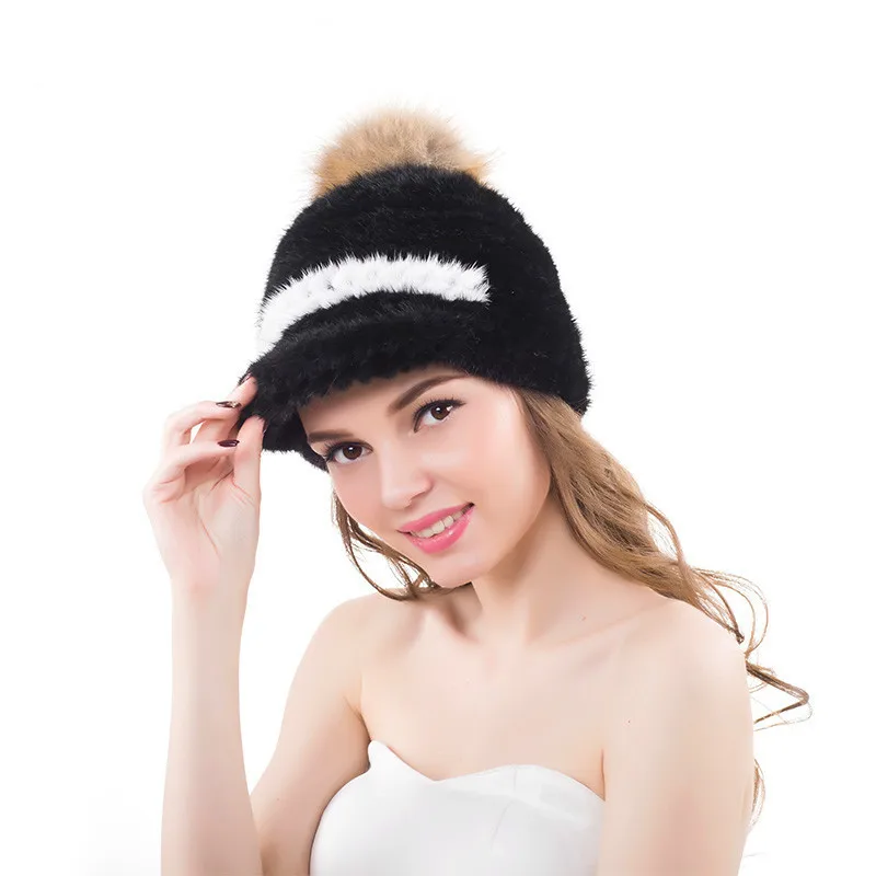 Real Mink Fur Hats With Raccoon Pompom Winter Warm Fashion Women Visors Hat Caps |
