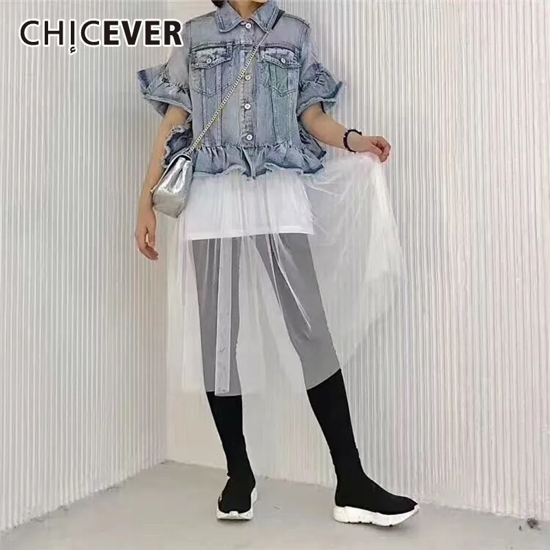 CHICEVER летние винтажные Лоскутные сетчатые женские джинсовые куртки с отворотом