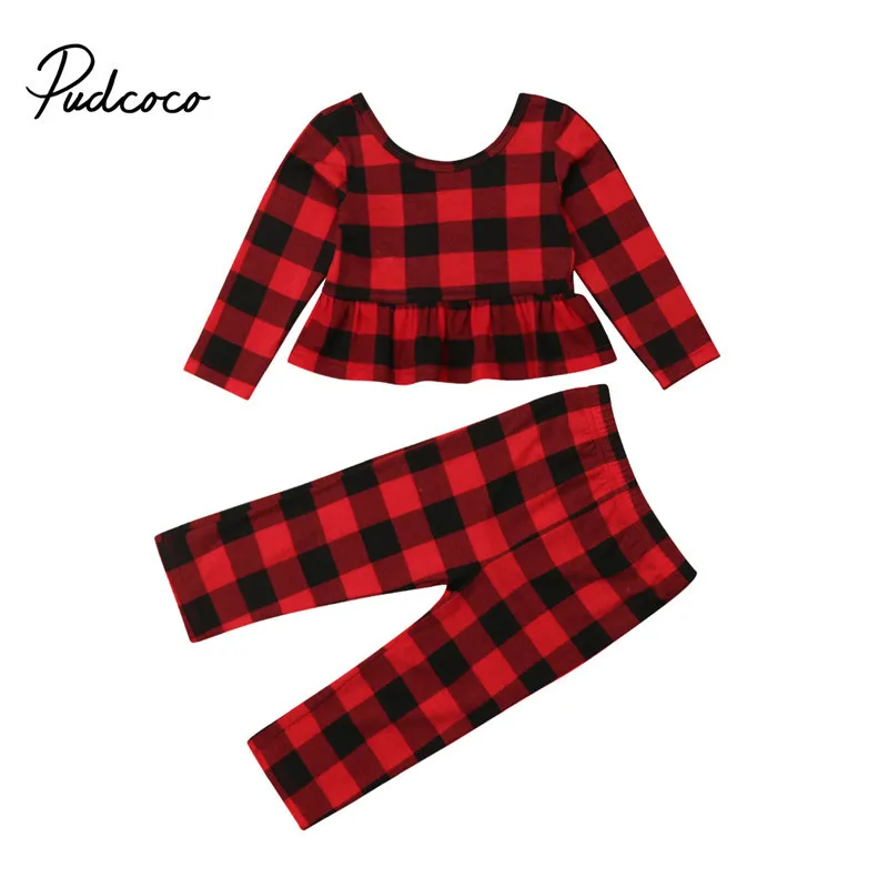 pudcoco Fashion Kids Baby Girl red plaid clothes set Spring Outfit girls cotton long sleeve T-shirt Top+Pants 2PCS Sets 1-5Y | Детская