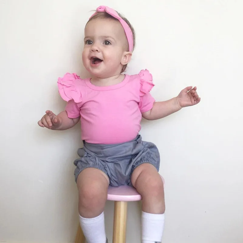 Kids Baby Girl Solid Candy Color Small Flying Sleeve Short-sleeved Triangle Romper Button Jumpsuit 0-24m |