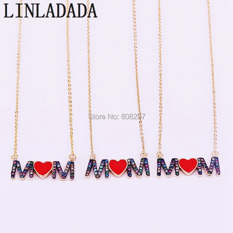 

8Pcs Mother's gift Charm Cz Jewelry Necklace Pave Rainbow Zircon Enamel Mom Letter Beautiful Pendant