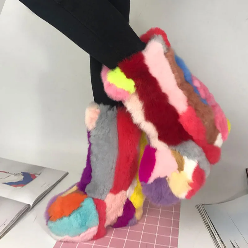 Handmade Real Rabbit Fur Eskimo Boots Height Increasing Women Multi Fur Patchwork Snow Boots Winter Colorful Fur Mid Calf Boots