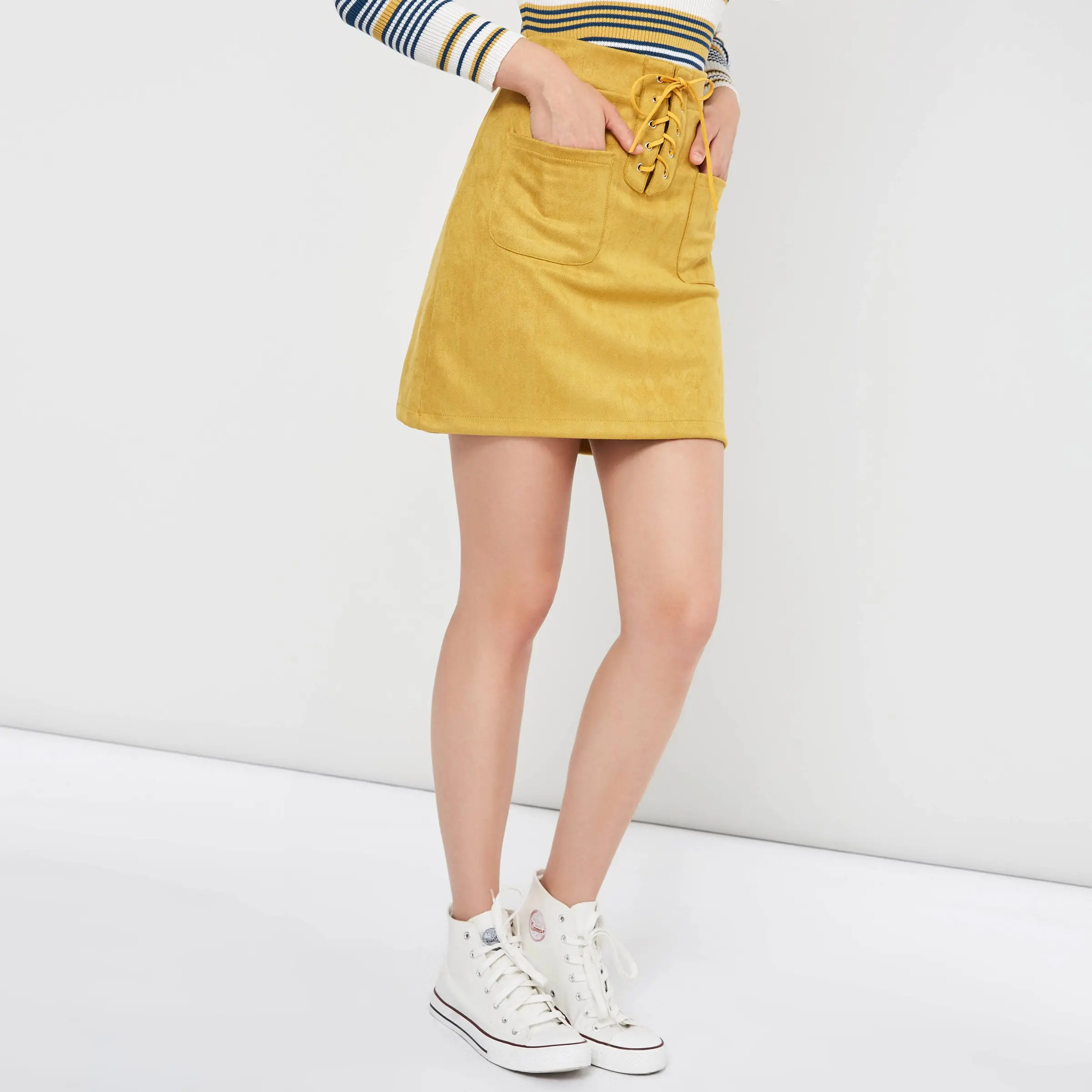 Женские юбки Boho желтые зимние повседневные OL Bodycon с высокой талией на шнуровке