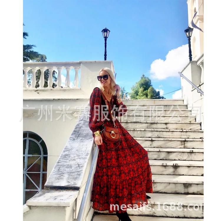 Fashion Long Sleeve Bohemian Maxi Dresses for Women Print Office Lady Summer Beach V Neck Vestidos | Женская одежда