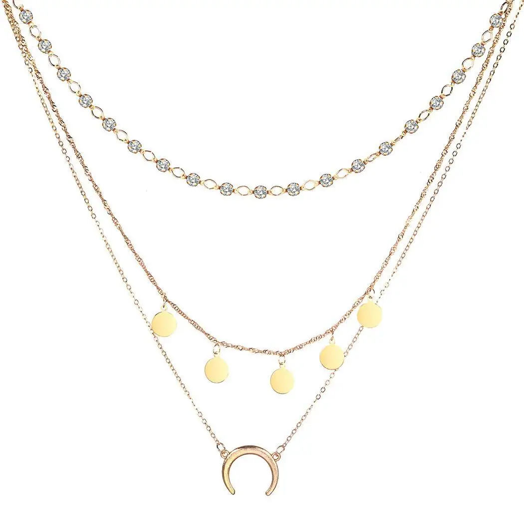 Для женщин Jewelry слоистых Луна блесток кулон горный хрусталь цепь колье Цепочки и