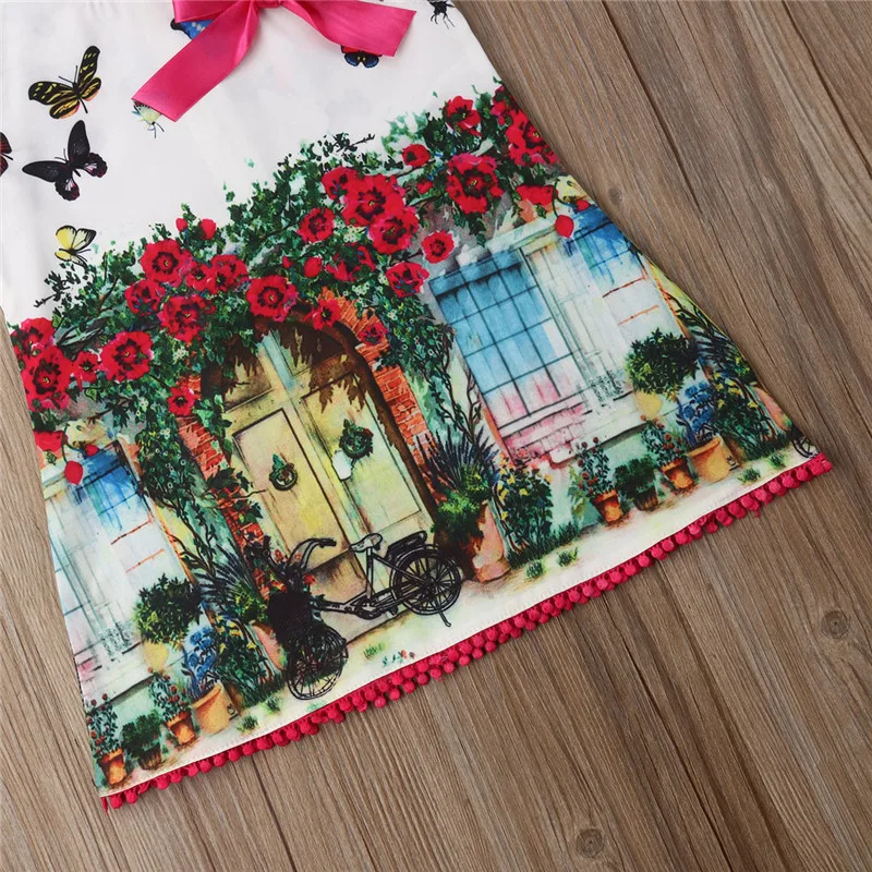 Boutique Toddler Kids Baby Girls Oil Painting Printed Princess Dresses Casual Girl Tassels Bow Short Sleeve Summer Dress 1-6T | Детская