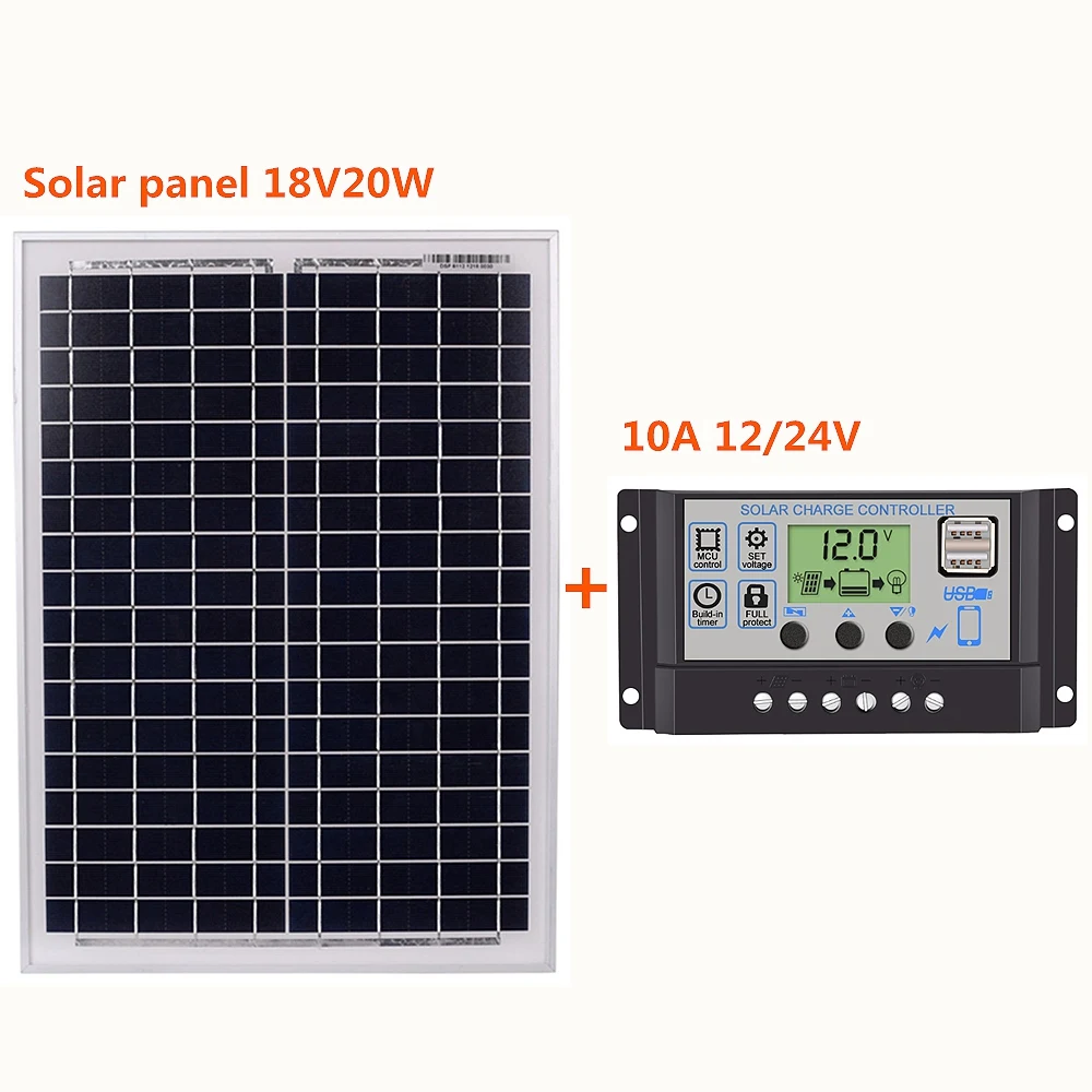 SHGO HOT Black 18V20W солнечные панели + 12В/24В Солнечный контроллер с интерфейсом