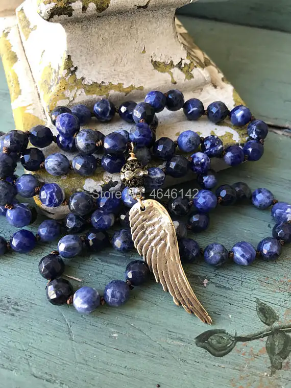 

Knotted Semi Precious lapis lazuli Stone Necklace long Multier Layer Angel Wings Charms For Bracelets Necklace Wings