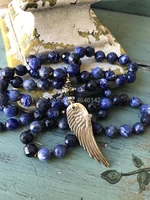 knotted semi precious lapis lazuli stone necklace long multier layer angel wings charms for bracelets necklace wings