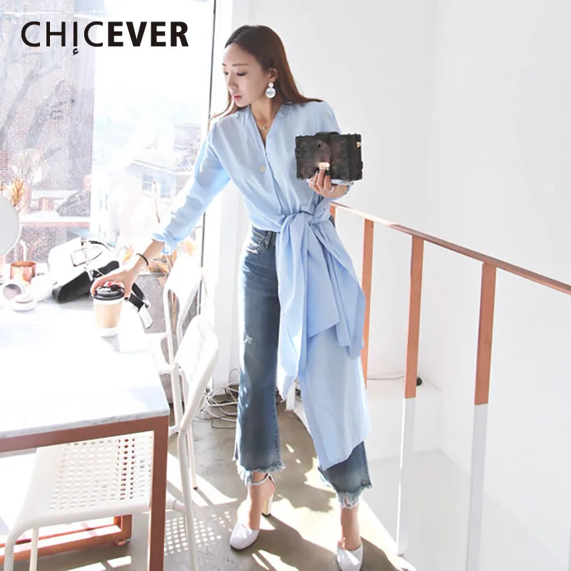CHICEVER 2019 женская рубашка блузки с высоким разрезом две вещи длинным рукавом