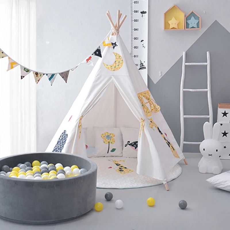 

Five Poles Indian Play Tent Cotton Canvas Children Teepee Kids Tipi Tent Play House for Baby Room