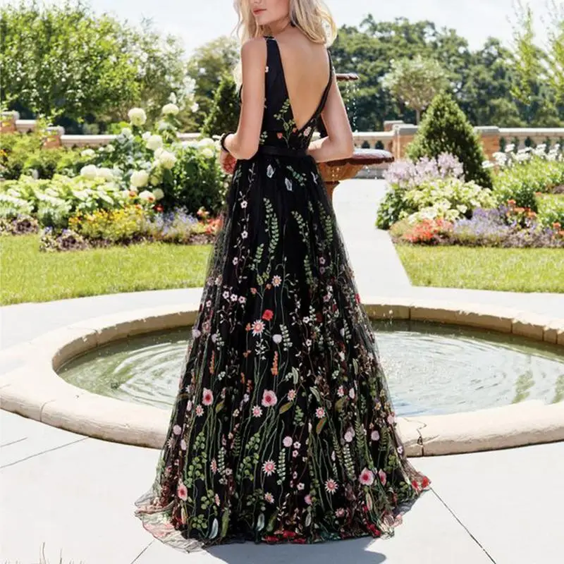 Сексуальное платье с глубоким v образным вырезом без рукавов цветочной вышивкой