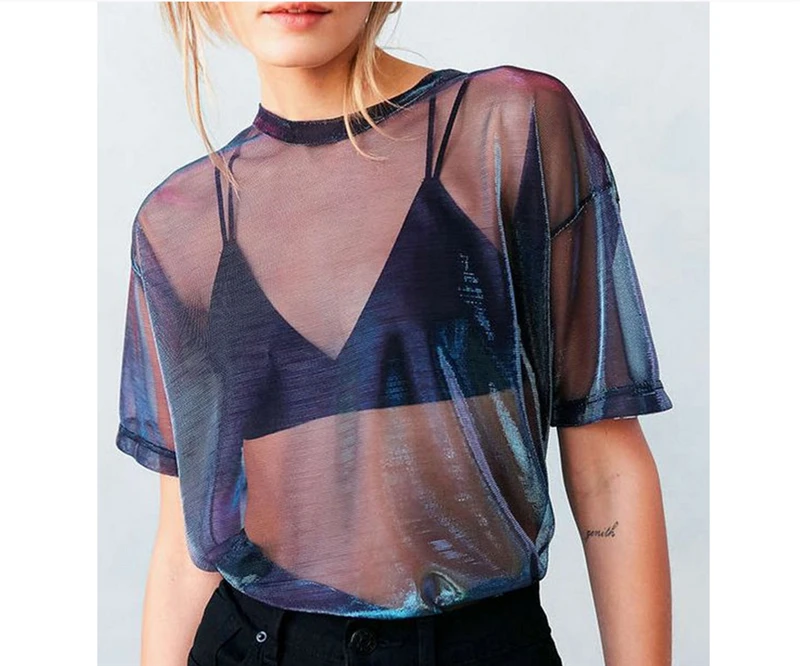 Summer Women Lace Sequined Blouses Shirt Ladies tops Sexy mesh Transparent Elegant See-through Black |