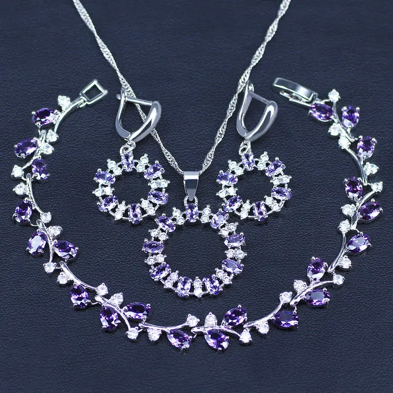 Round 925 Silver Jewelry Purple Cubic Zirconia White Crystal Sets For Women Earrings/Pendant/Necklace/Bracelet | Украшения и