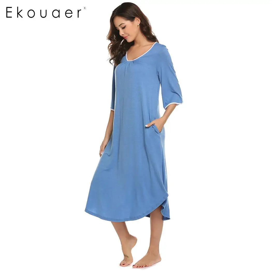 Фото Женская ночная рубашка Ekouaer однотонная сорочка с круглым вырезом и коротким Женская ночная рубашка Ekouaer однотонная сорочка с круглым вырезом и коротким