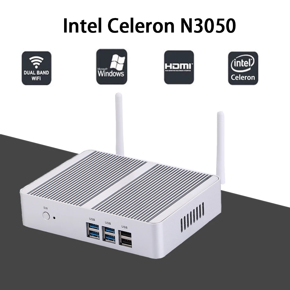 Безвентиляторный мини ПК Intel Celeron N3050 Windows 10/Ubuntu серебристый [HUNSN BM04] (WiFi/2 HDMI/4USB3. 0/2USB2.