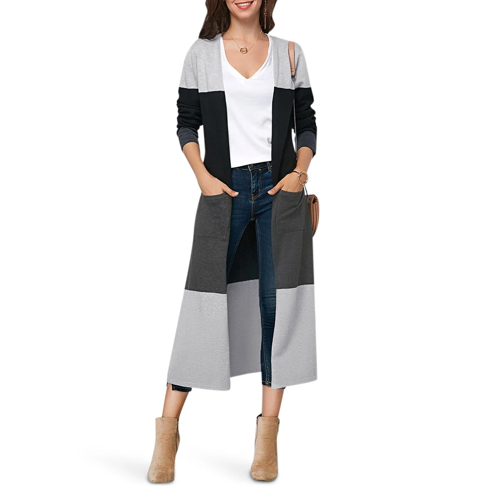 Cardigan Women Coats Open Stitch Female Elegant X-Long Trench Pocket Loose Autumn Winter Cardigans Patchwork Outerwear | Женская одежда