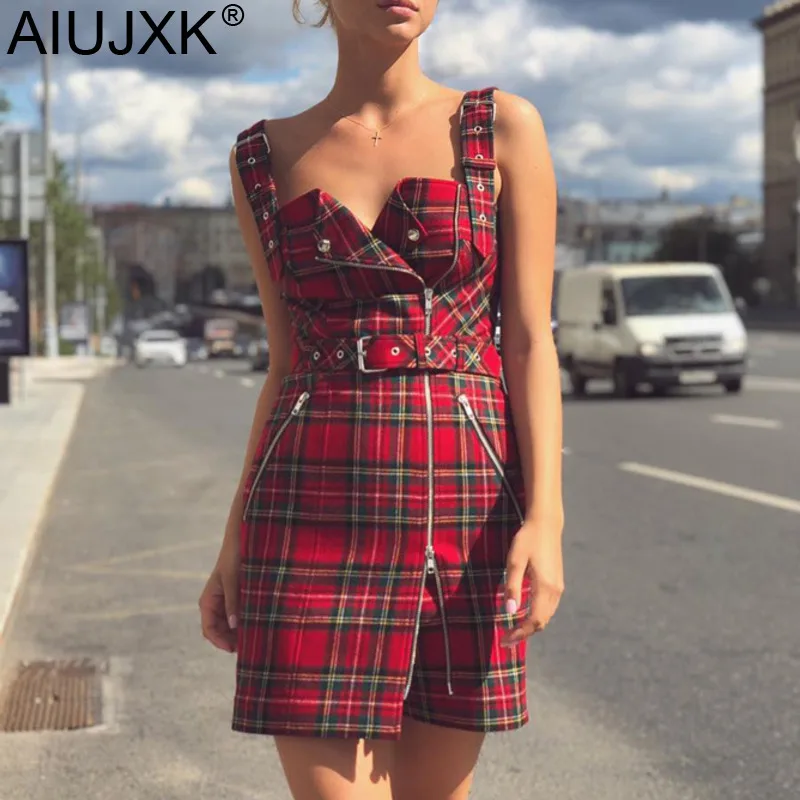 Женское клетчатое платье на тонких бретелях AIUJXK черное Повседневное молнии лето