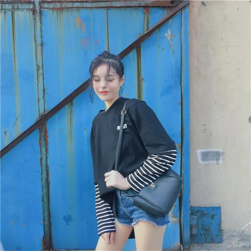 2019 Femme Осенняя женская одежда корейский стиль Harajuku принт полосатый пэчворк с
