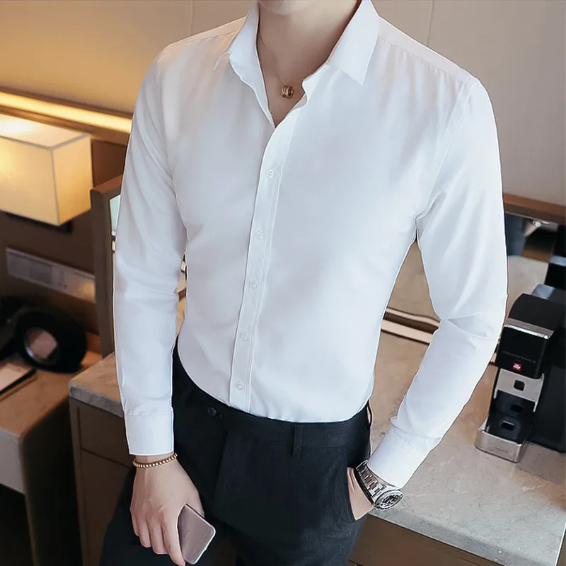 2019 Men's Business Casual Long Sleeved Shirt High Quality Male Social Dress Black Blue White | Мужская одежда