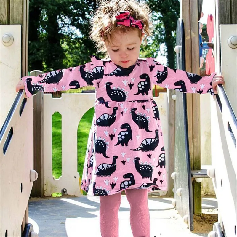 2-6 Years Baby Girls Dress Long Sleeve Pink Cute Animal Dinosaur Party Princess Dresses For Clothes | Детская одежда и обувь