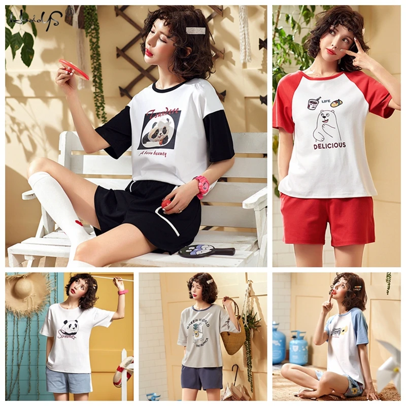 Женский пижамный комплект с буквенным принтом панды летняя новинка футболка