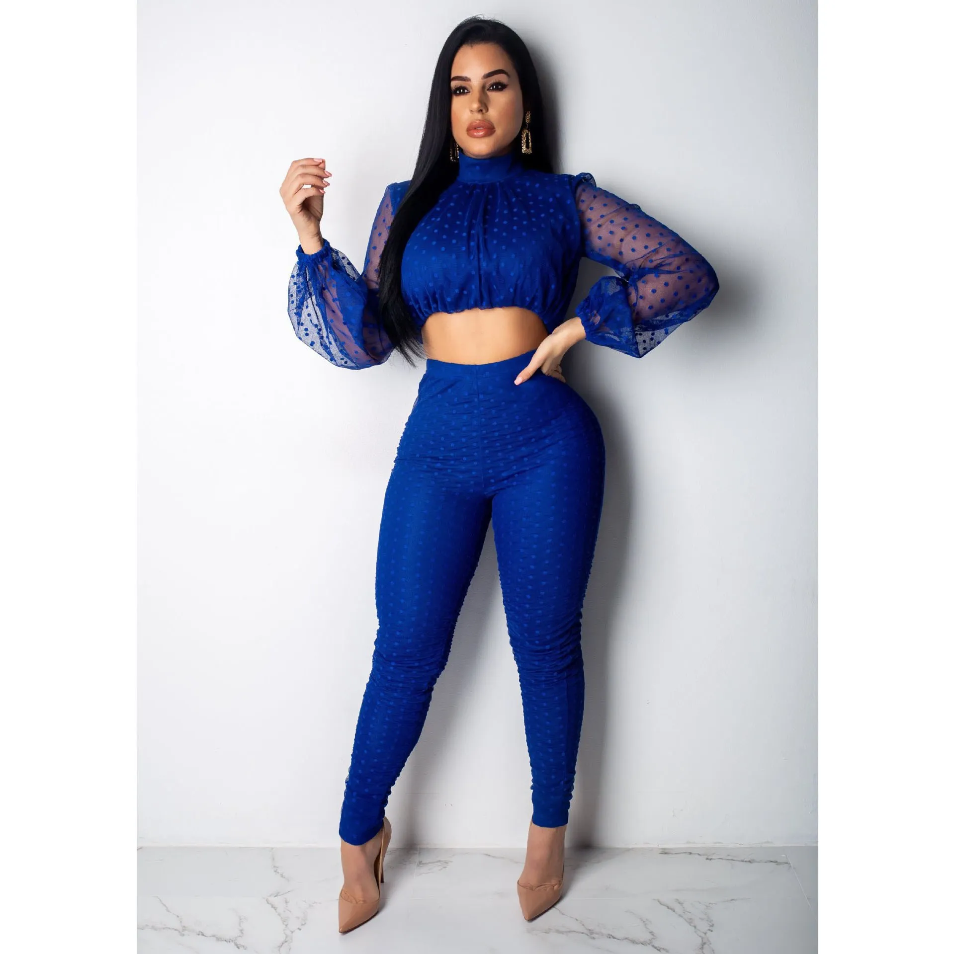 2 Piece Set 2019 Sexy Women Lace Mesh Crop Top Elegant Lantern Sleeve Pants Dot Embroidery Club Party | Женская одежда
