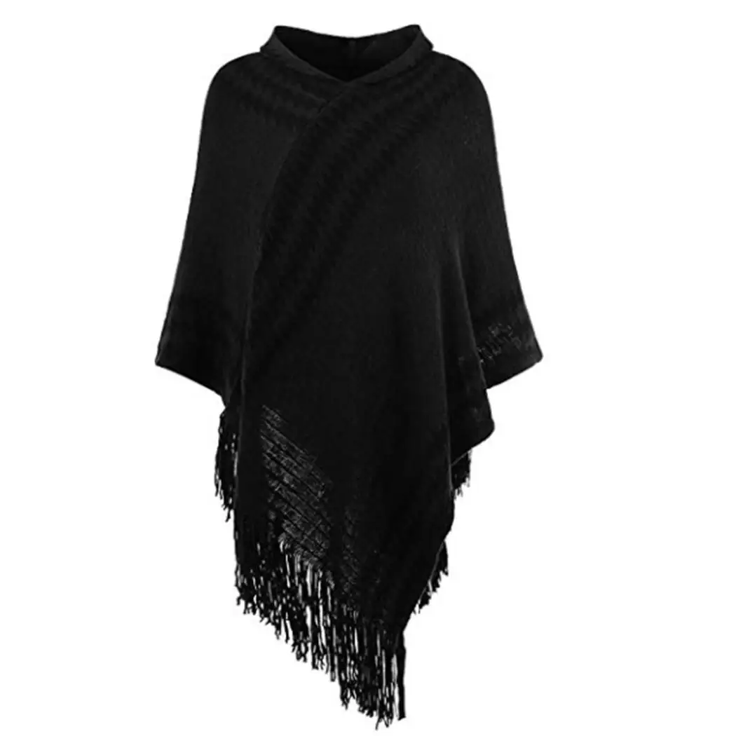 Women Casual Hooded Geometric Tassel Knit Cape Scarf | Аксессуары для одежды