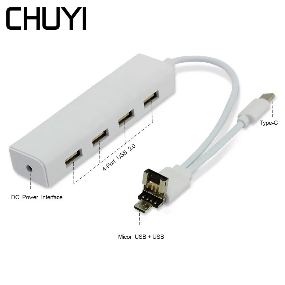CHUYI высокоскоростной USB C концентратор 4 порта USB2.0 Micro OTG сплиттер с адаптером для