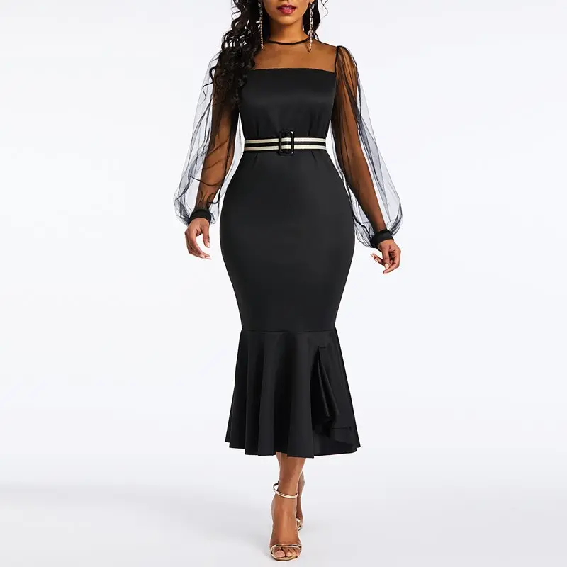 Русалка Bodycon Платье женское черное Сетчатое прозрачное сексуальное Элегантное