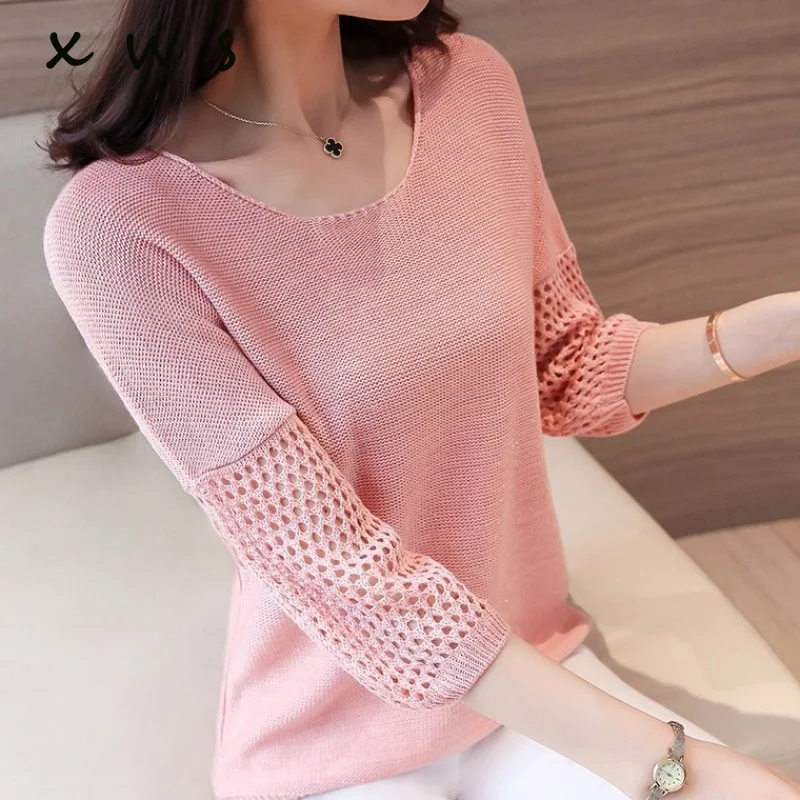

o neck Sweater Women Pullover Knitted Slim 2019 summer hollow out Cashmere Sweaters Womens Jumpers Basic Black Pink