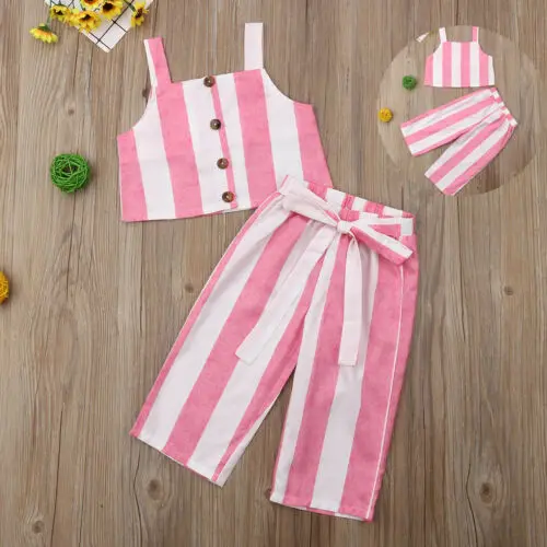 Toddler Baby Girls Clothes Stripe Bow Tunic Crop Tops +Pants Outfits Children Set Summer | Мать и ребенок