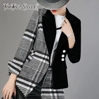 twotwinstyle velour patchwork wool plaid blazer coat female long sleeve asymmetrical womens suits 2020 spring fashion clothes