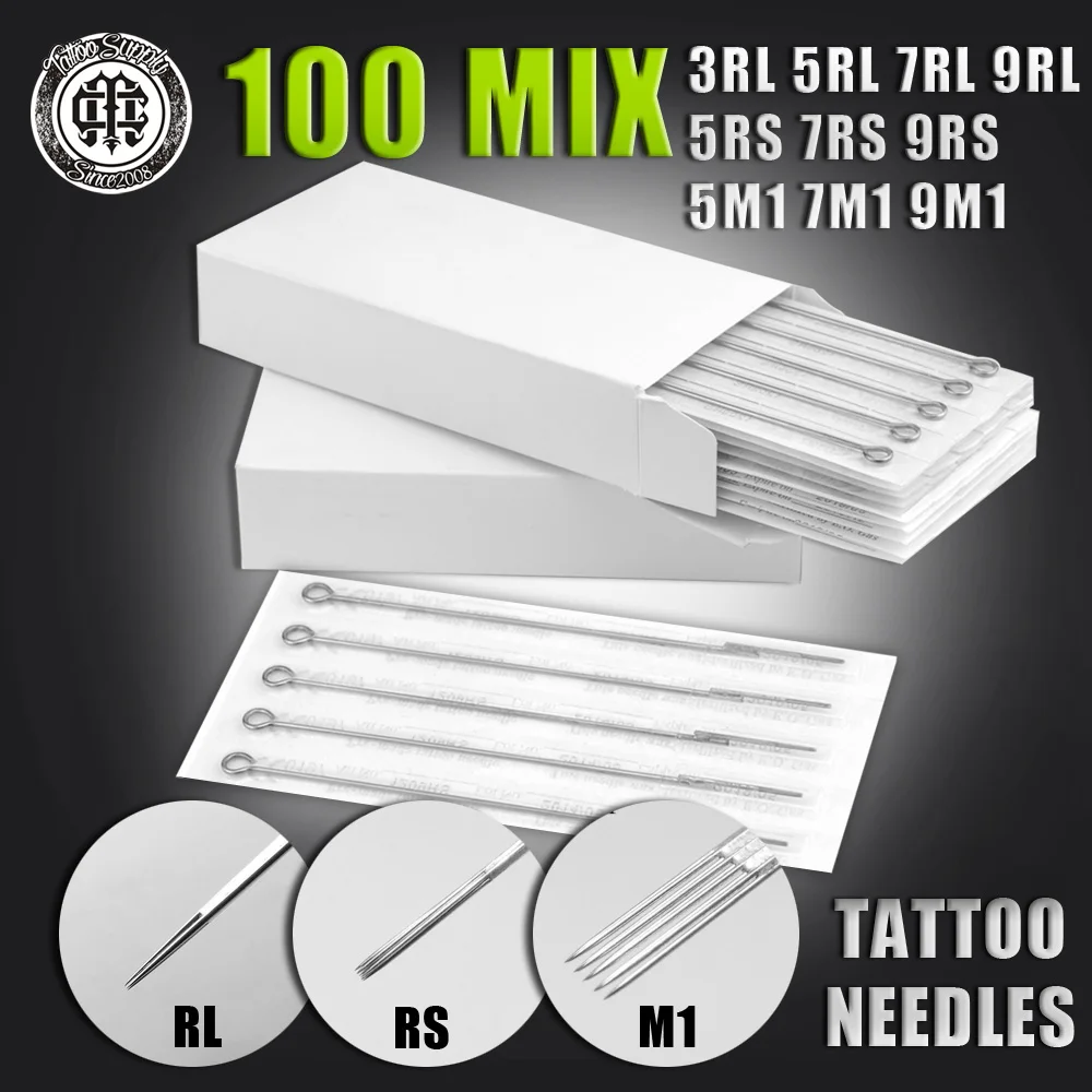 

100pcs Assorted Sterilized Tattoo Needles Mixed 10 Sizes 3RL 5RL 7RL 9RL 5RS 7RS 9RS 5M1 7M1 9M1 of machine gun Free Shipping