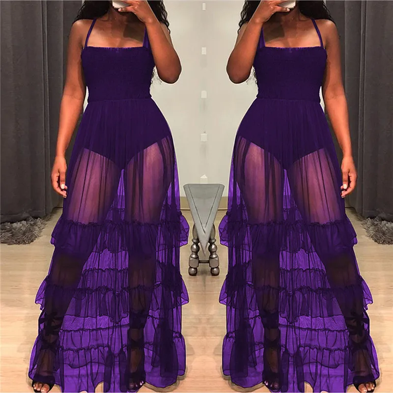 Black Purple Sheer Mesh Maxi Dress Womens Sleeveless Spaghetti Strap Long Ruffle Sexy See Through Summer Beach Dresses | Женская одежда
