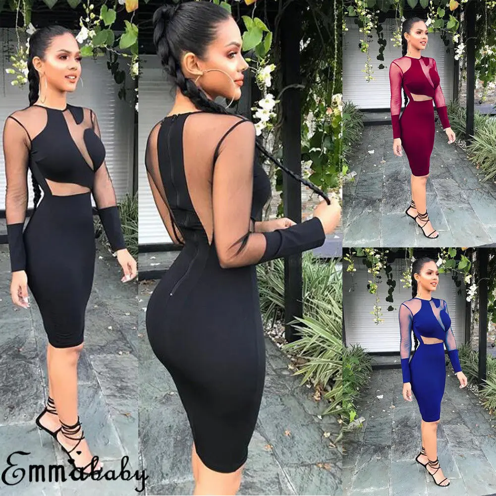 Сексуальное женское платье Леди бандажная бодикон вечеринка клуб короткий мини длинный рукав патчворк сетчатый карандаш Женская одежда.