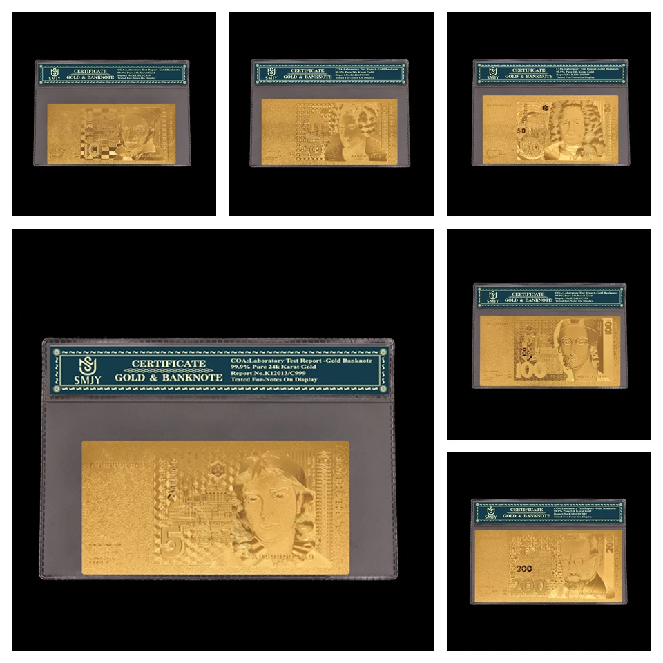 

6Pcs/Lot 1991 Germany 24k Gold Banknote Set 5/10/20/50/100/200 Mark Plated Gold 999 Paper Money Bill With COA Frame