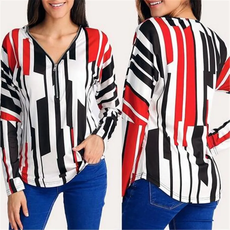 2020 Stripped T Shirt New Fashion Clothes Women Summer Tops Loose Plus Size V Neck Zipper Tshirt Harajuku Streetwear Okd825 | Женская